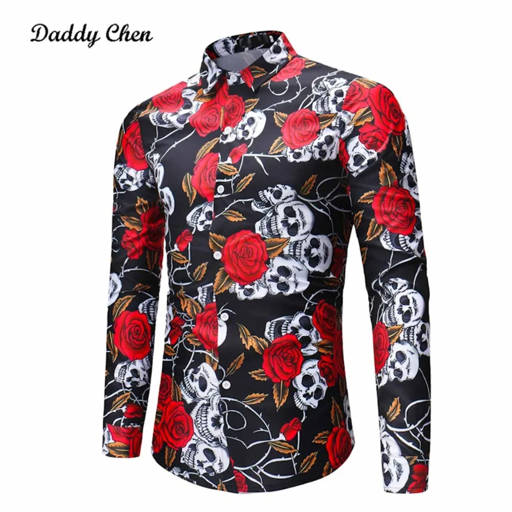Strange Casual shirt men Vintage Skulls rose flowers print men's dress