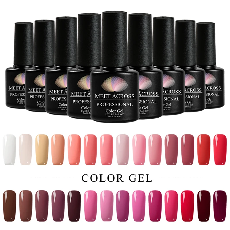 

MEET ACROSS 2Pcs/set Gel Nail Polish LED UV Gel For Nail Soak Off Nails Gel Lacquer Glitter 7ML Pure Color Nail Polish
