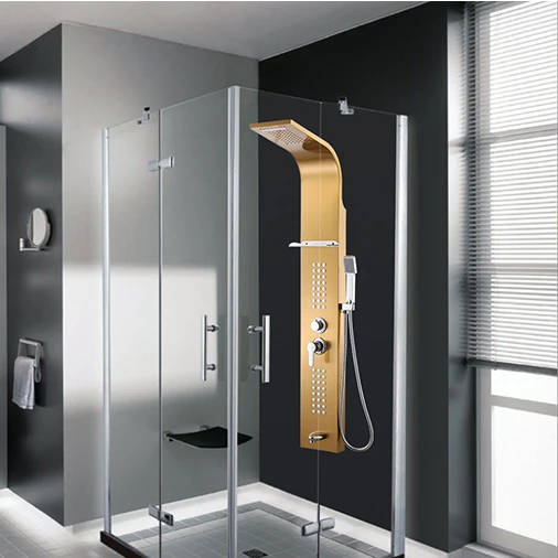 Baratos Grado Superior de baño 0,8mm de espesor de acero inoxidable ducha de lluvia masaje sistema grifo con Jets ducha de mano Rack