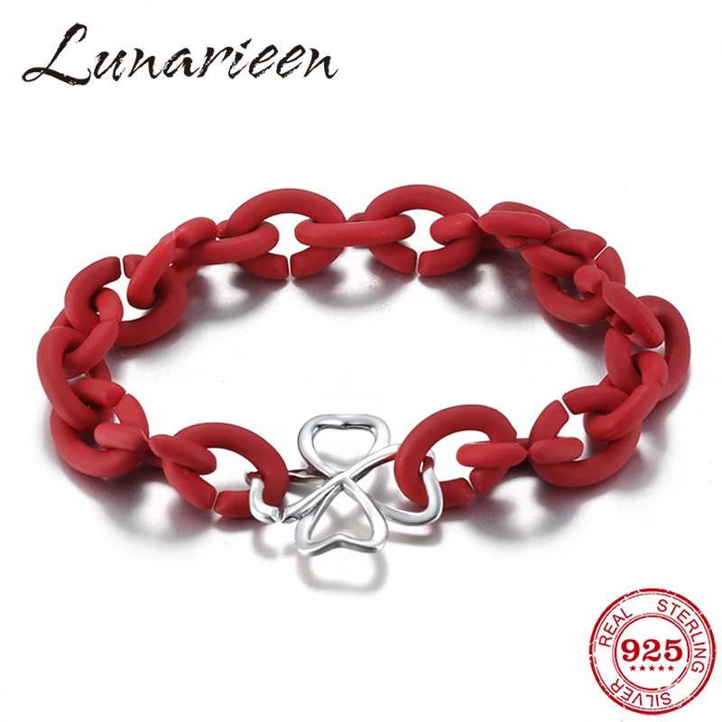 

Hot sale 925 Sterling Silver hollow Luck Clover Red Hard Rubber Hand accessories for women man bracelets Jewelry Diy gifts