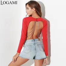 Logami сексуальное спинки Растениеводство Топ женские панк цепи с длинным рукавом сезон: весна–лето Топы корректирующие женские короткие футболки красные, черные