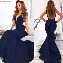 Дешевый темно-синий длинный Prom Dress Mermaid с открытой спиной, официальное праздничное праздничная одежда выпускной вечер праздничное платье на заказ сделано