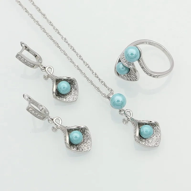 

Flowers 925 Silver Jewelry Sky Blue Pearls White Zircon Jewelry Set For Women Adjustable Open Ring/Earrings/Pendant/Necklace