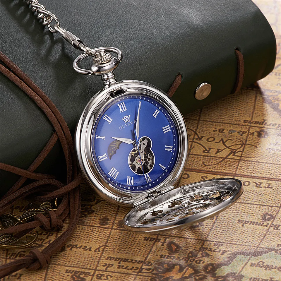 OUYAWEI унисекс скелет карманные Винтаж часы цепочки и ожерелья роскошные механические часы цепи античный брелок часы Relogio Bolso кулон
