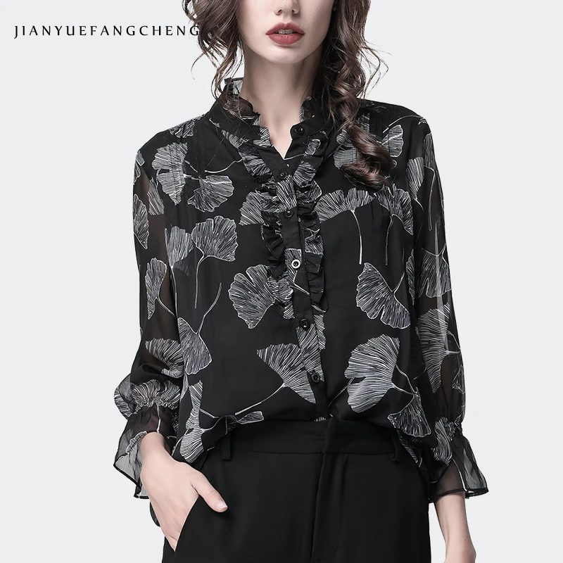 

Women Chiffon Shirt Maple leaves Printed Ruffled Collar Long Sleeve Summer Top Loose Plus Size Female Casual Blouses And Tops