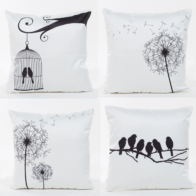 

Faux Silk Silklike Smooth Dandelion print square Pillowcases cushion covers 45 cm Home Decoration white black