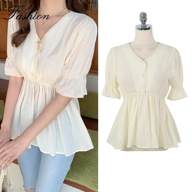 

Ruffle Trim Puff Sleeve Solid Blouse Women Clothes 2019 Casual Short Sleeve Ladies Tops V-neck Summer Blouses 7022