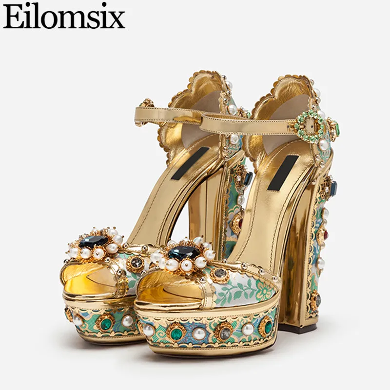 

Eilomsix Luxurious Printing Pearl Ladies Square High Heels Sandals Crystal Peep Toe Gladiator Sandals Wendding Party Shoes Woman