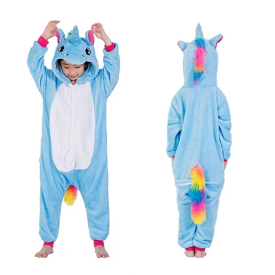 Кигуруми, комбинезон для детей, панда, единорог, пижама для малышей, животные, Мультяшные комбинезоны для мальчиков и девочек, зимняя одежда для сна для косплея, Детская Пижама - Цвет: Blue Horse
