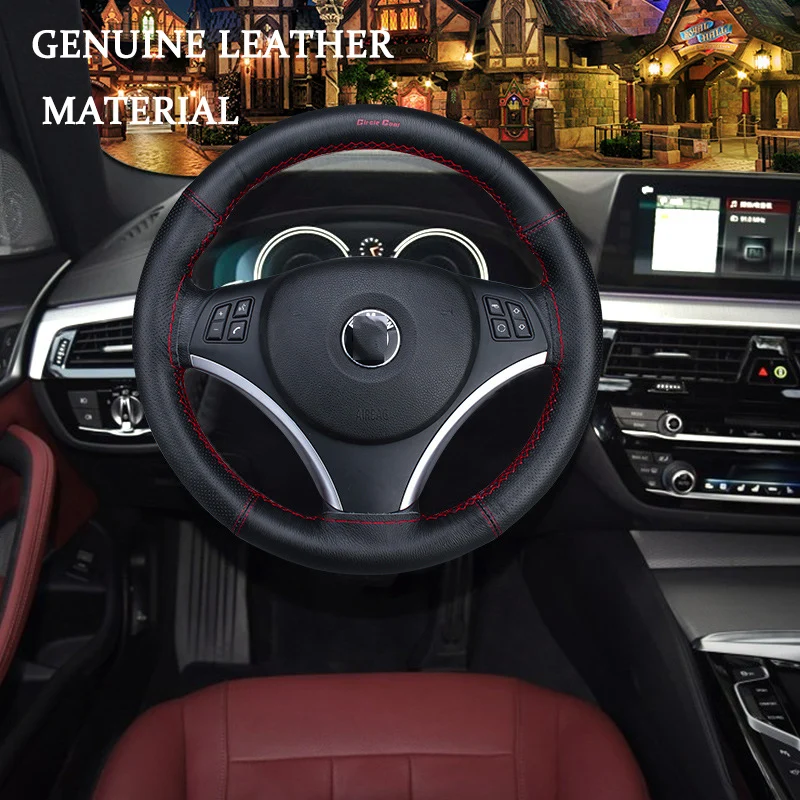 

DIY Hand-Stitched Car Steering Wheel Covers genuine Leather braid on the steering wheel With Needle for 37/38CM Car Steering