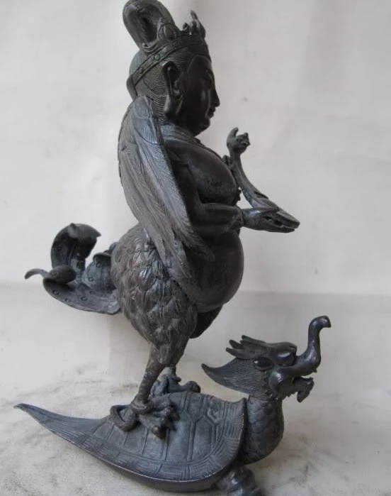 

China Folk fane pure bronze Copper lute Lei Gong Ride on tortoise Buddha Statue