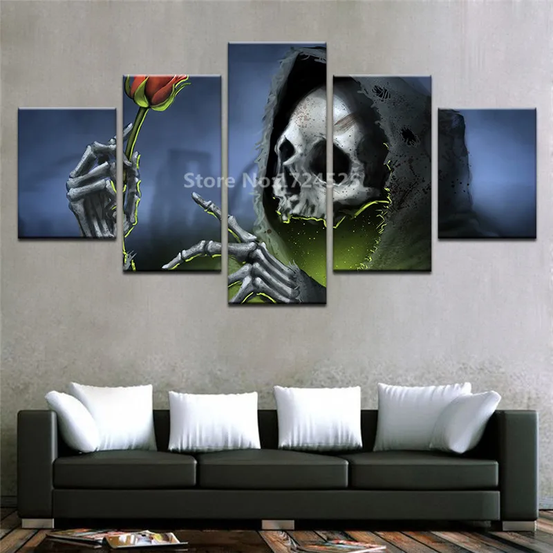 Canvas-Pictures-Home-Decor-Wall-Art-5-Pieces-Black-Hat-Skull-Red-Rose-Painting-For-Living (2)