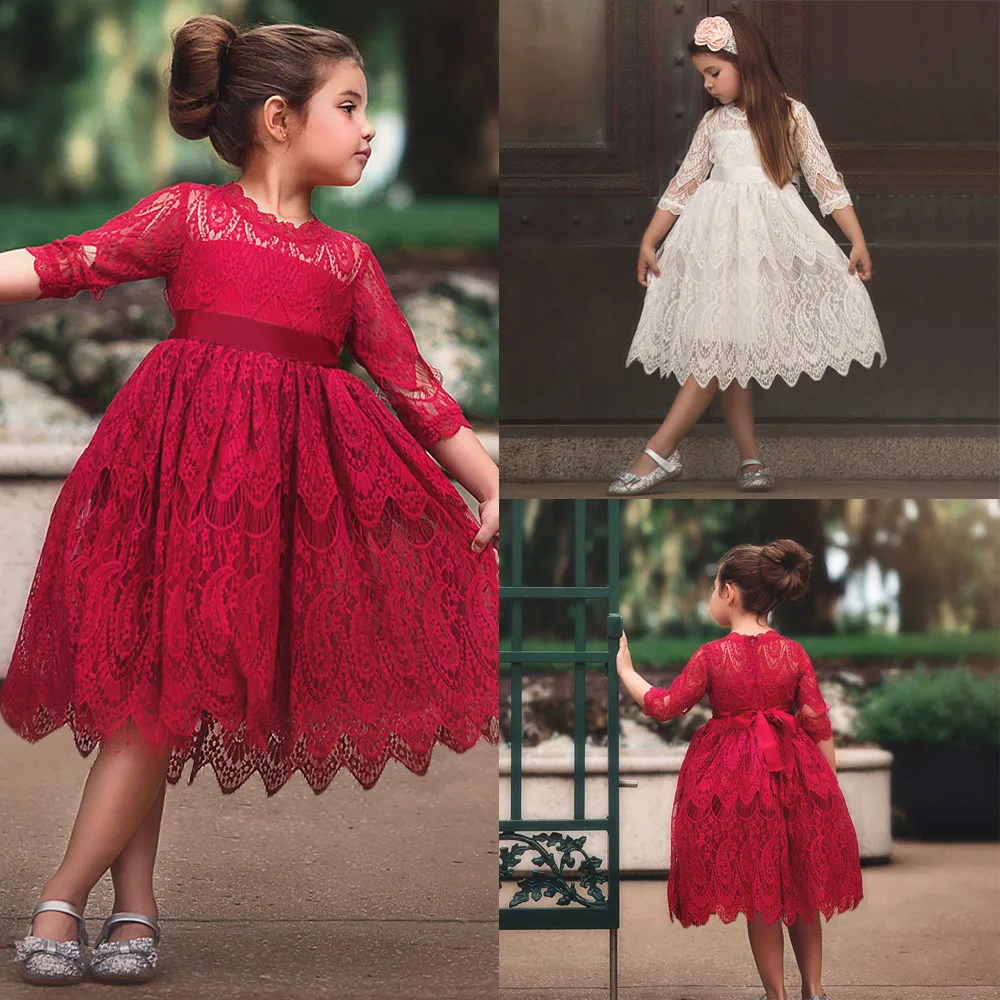 

Cotton Summer Fashion Kids Dress For Girls Regular O-neck Half Sleeve A-line Cute Solid Floral Lace-up Children Dress For Girls