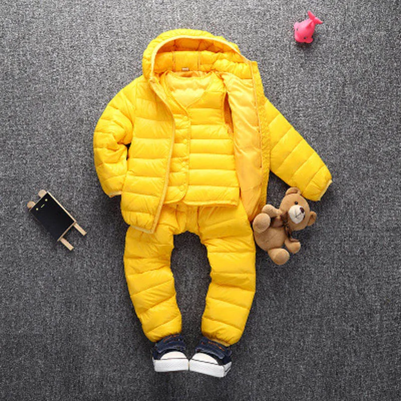 yellow Детские зимние куртки для мальчиков и девочек зимние Костюмы с капюшоном из 3 предметов, куртка+ штаны+ жилет, комбинезоны для девочек детская одежда Комбинезоны Костюм E204 - Цвет: yellow