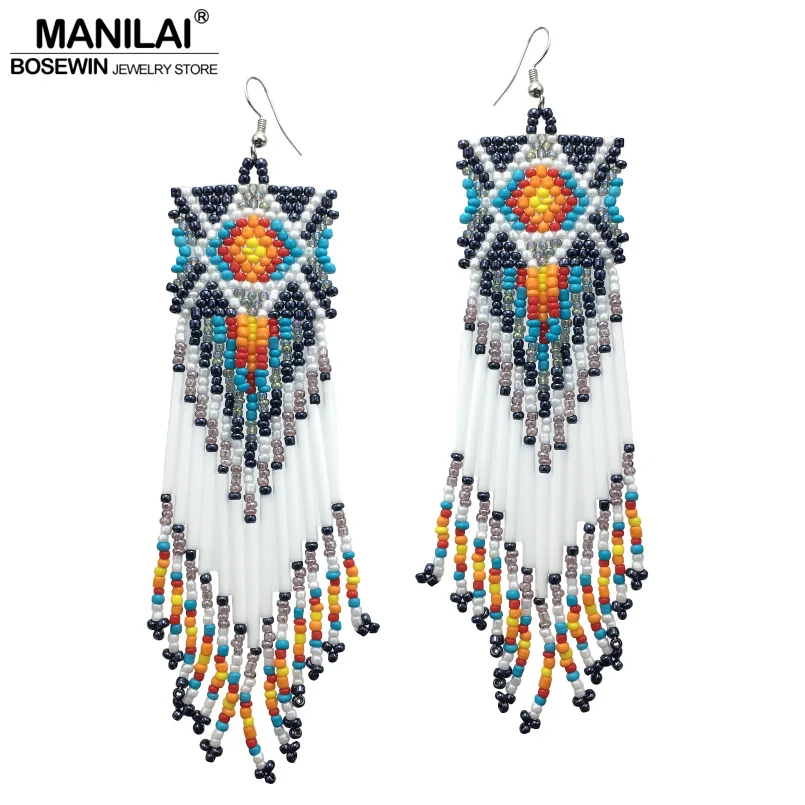 MANILAI Bohemian Handmade Beaded Long Tassel Earrings For Women Fashion Jewelry Multicolor Beads Statement Earrings Ethnic Drop