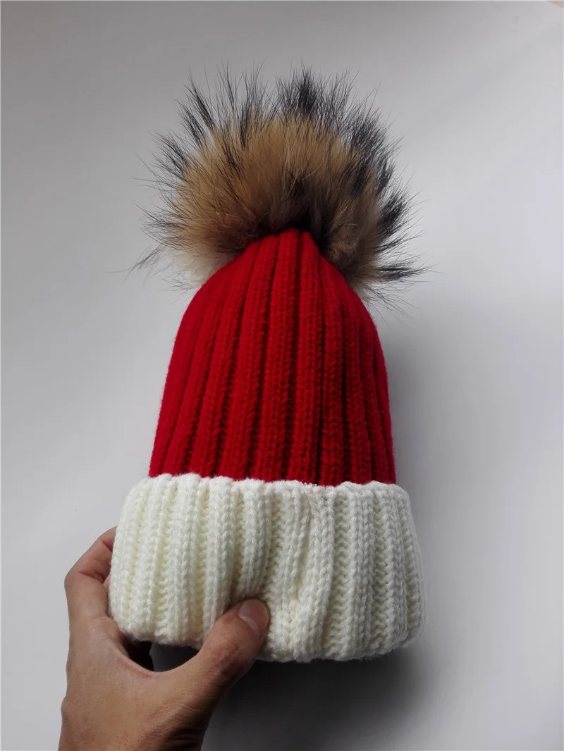 KUE043 Зимние Меховые помпоны для девочек, вязаные шапочки для мальчиков Skullies, популярные детские теплые шапки из натурального меха, детские шапки с помпонами