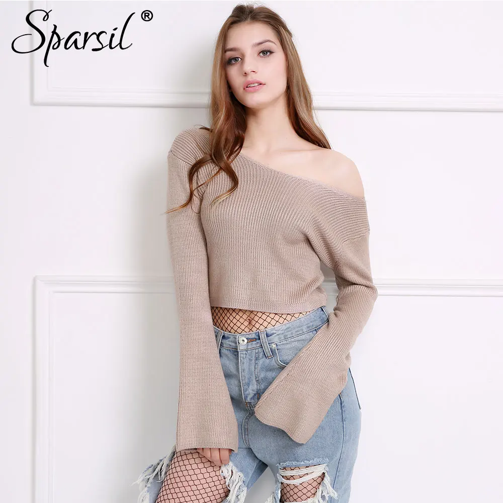 

Sparsil Women Waist Exposed Knitted Pullovers Front&Back Big V-Neck Sweaters Short Design Flare Sleeves Sexy Slim Knitwear
