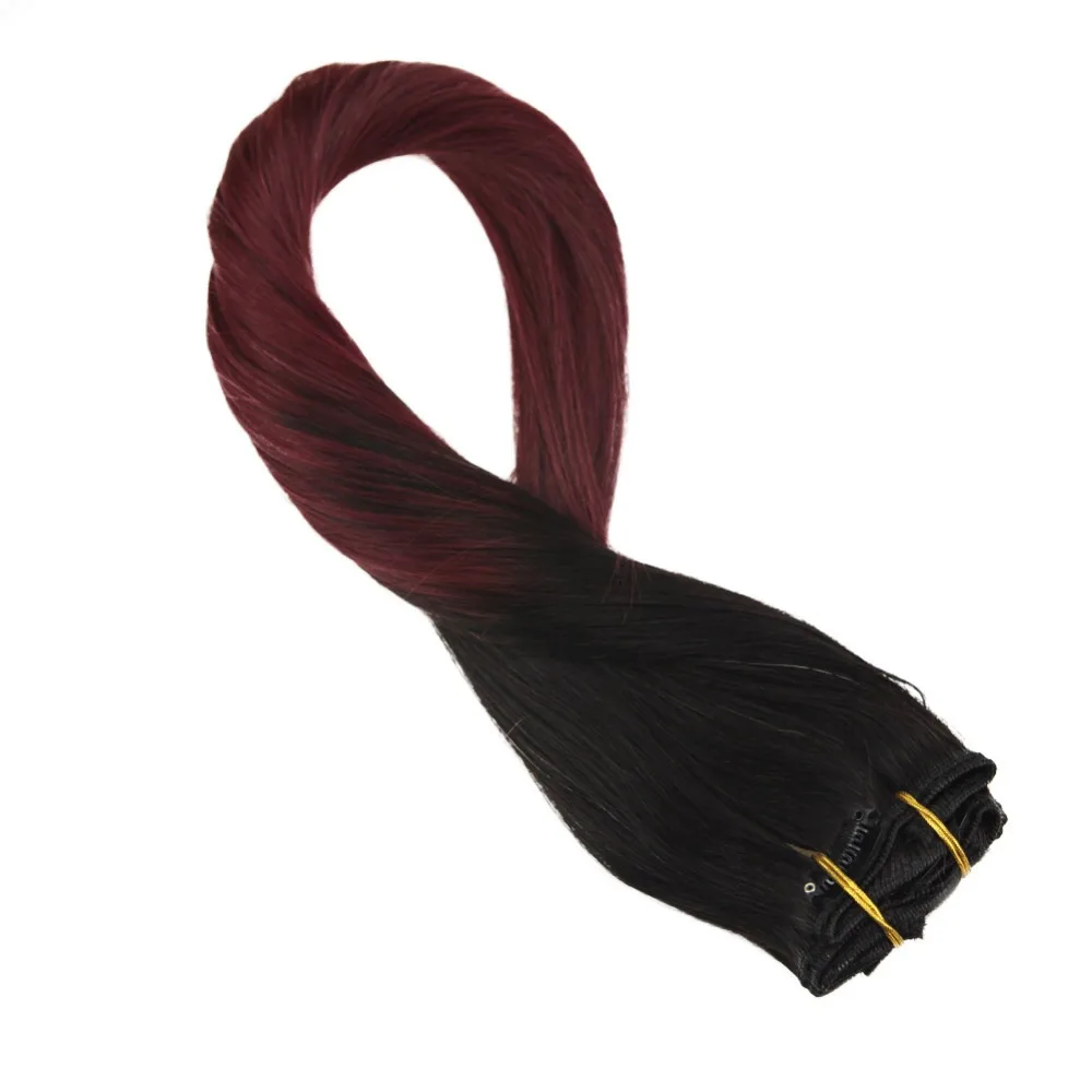 

Moresoo Clip In Human Hair Extensions Color #1B Off Black Mixes with Wine Red #99J Human Hair 7Pcs 100g Full Thick Head Set