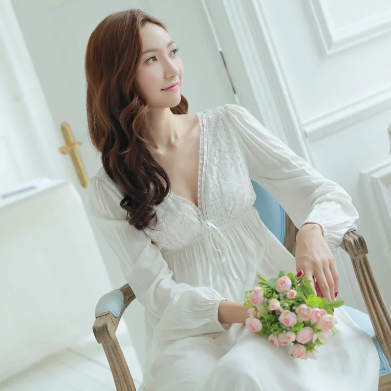 

Leiouna New Skirt Woman Spring And Autumn Lace Pure Cotton Long Sleeve Night Princess Pajamas Warm Sexy Womens Sleepwear