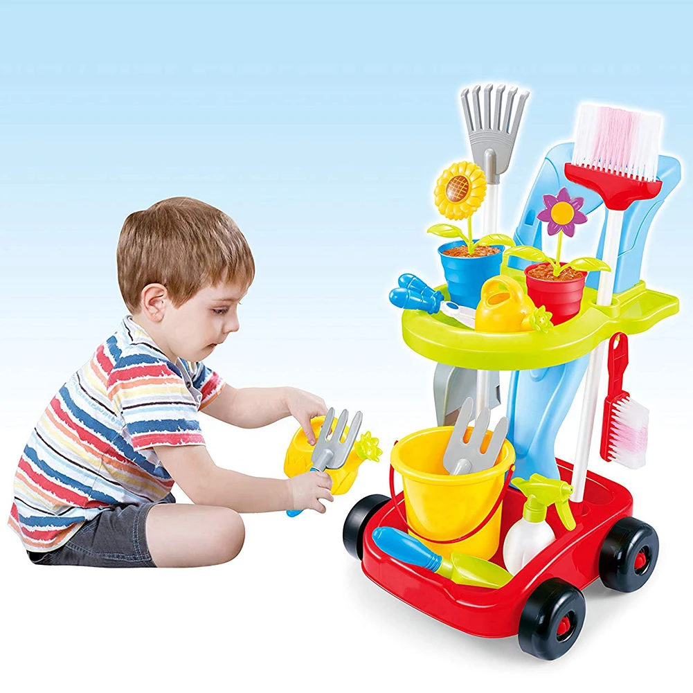 

Kids Cleaning Set Watering Can Trowel Shovel Pretend Potted Flower Gardening Trolley Simulation Repair Tools Cart Toy Set J74