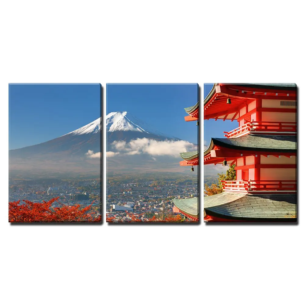 

3 Piece Canvas Wall Art - Mt. Fuji Viewed from Behind Chureito Pagoda. - Modern Home Decor Decor Drop shipping
