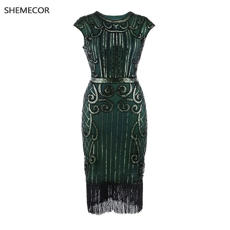 SHEMECOR 1920s Great Gatsby винтажные платья, расшитые блестками и бисером, с круглым вырезом, темно-зеленые, с бахромой, с кисточками, с шипами, шикарные платья, вечерние, для клубных танцев