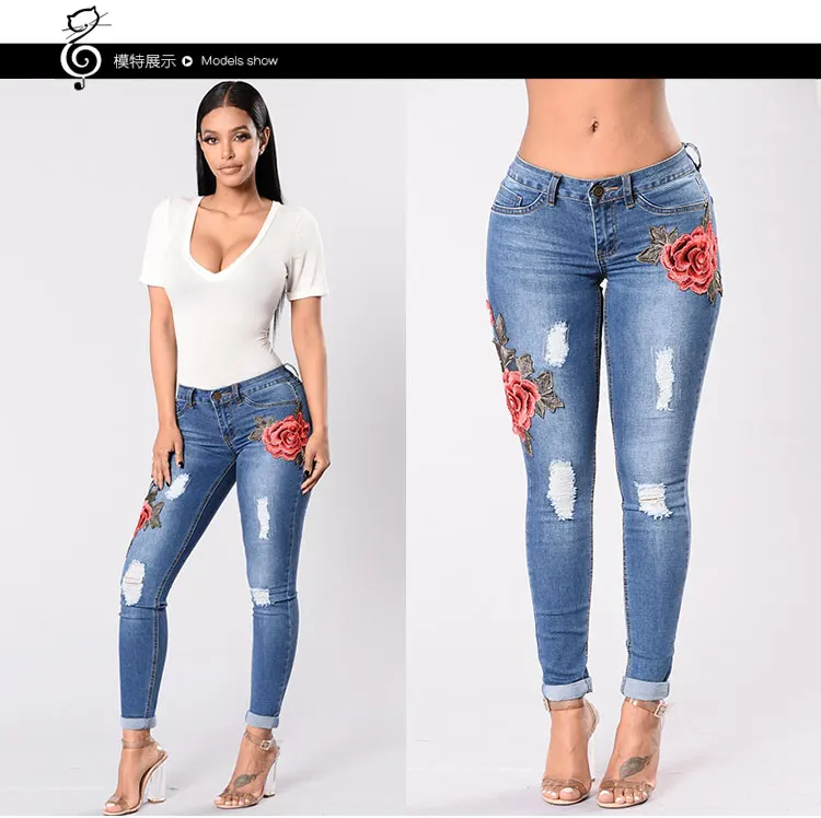 

Elastic pencil embroidery jeans ripped for woman Skinny female denim freddy pants fashion high waist Stretch fit trousers mujer