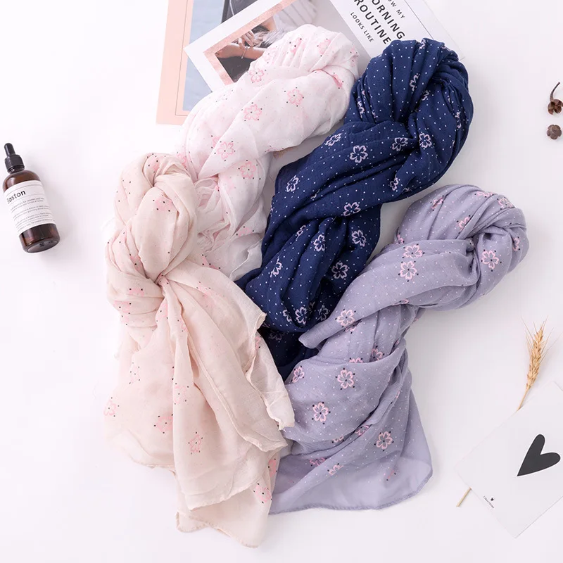 

2018 Fashion Polka Flower Print Foaming Scarf Shawl Long Women Cotton Floral Muslim Wrap Hijab Wholesale 12 Color Free Shipping
