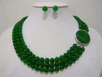

Beautiful 3 rows 8mm green jade necklace earrings set>^^>18K gold plated watch Quartz stone CZ crystal