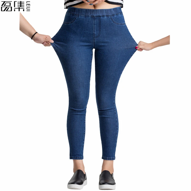 Online Pantalones vaqueros de talla grande Casual de cintura alta verano otoño pantalones ajustados de mezclilla de algodón elástico para mujer azul negro 4xl 5xl 6xl
