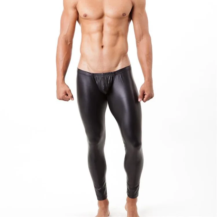 Sexy Men Long Johns Slim Black Faux Leather Underwear Man U Convex