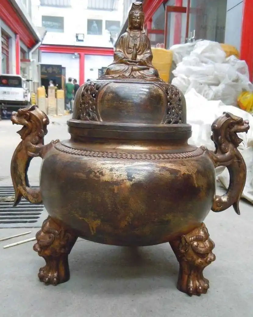 

21" China bronze dragon lion Kwan yin Bodhisattva censer Incense Burner Statue