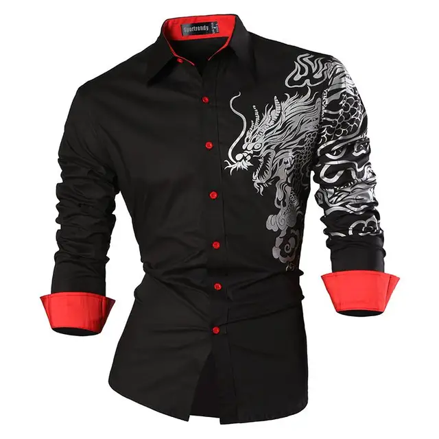 Sportrendy Men's Shirt Dress Casual Long Sleeve Slim Fit Fashion Dragon Stylish JZS041 JZS041-Black