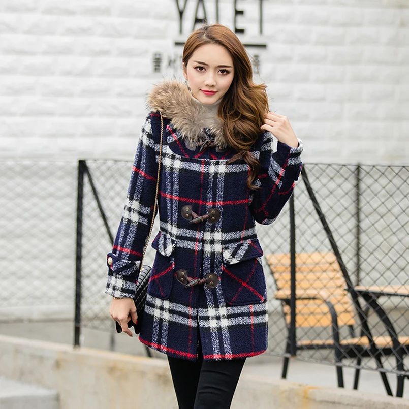 Slim Nouvelles Coffee Dames yellow Coton 2018 Manteau Plaid Veste Femmes Fourrure tuo Chaud Laine Pardessus Femelle Épais D'hiver Capuchon Vêtements blue Col Gkfnmt À De UA5qH1nwH
