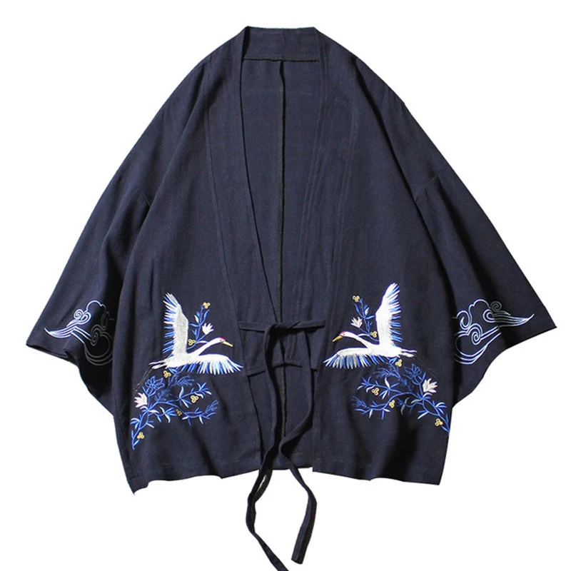 

Loose Embroidery Crane Belt kimono coat Men Japanese style Yukata Coat Men Vintage linen cotton Han jacket