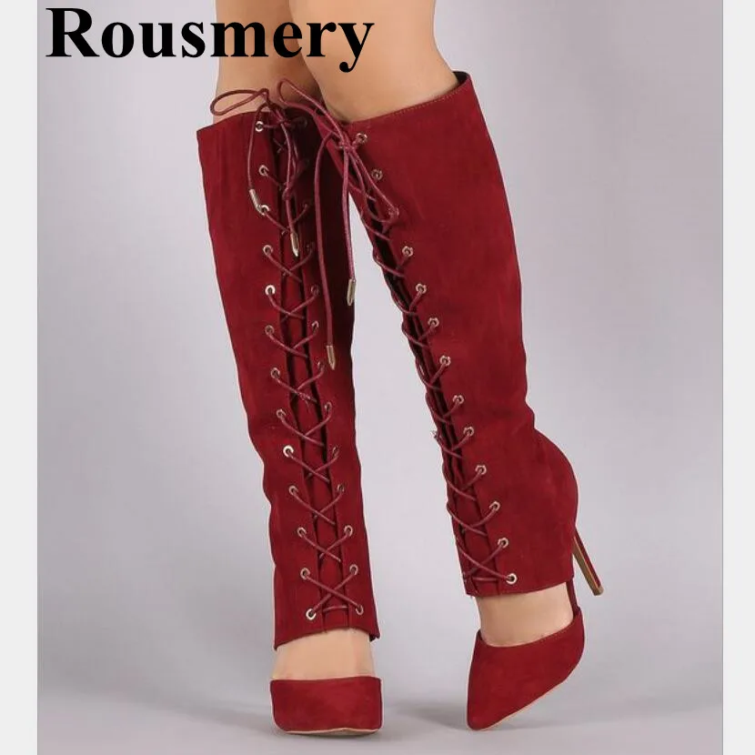 

Newest Soild Pointed Toe And Thin High Heel Cross-tied Shoes Spring And Autumn Knee-high Flock Fashion High Heel Long Boots