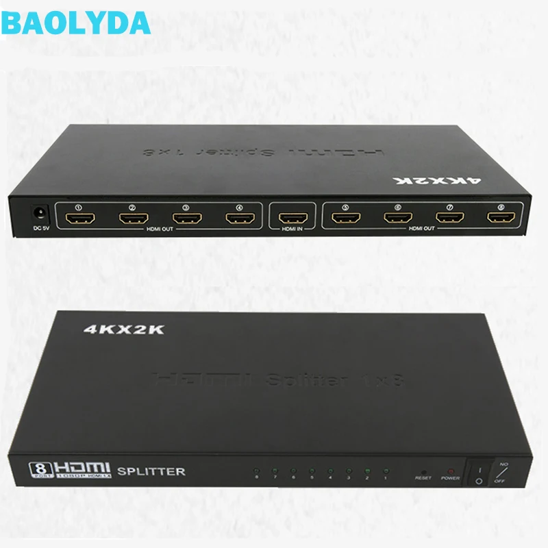 

Baolyda 1x8 8 Ports HDMI Powered Splitter with Full Ultra HD 4K/2K and 3D Resolutions Audio Video Distributor Amplifier