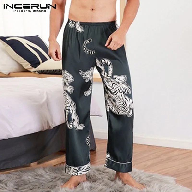 

INCERUN 2019 Silk Satin Soft Men Sleep Pants Printing Pajamas Comfortable Men Lounge Pants Sleep Bottoms Plus Size Clothing 5XL