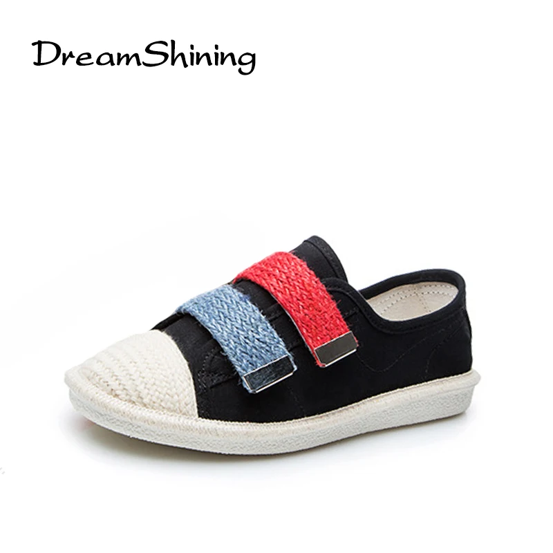 DreamShining New Fashion Spring Casual Flat Shoes Canvas Round Toe Women Loafers Mixed Colors Hook Loop