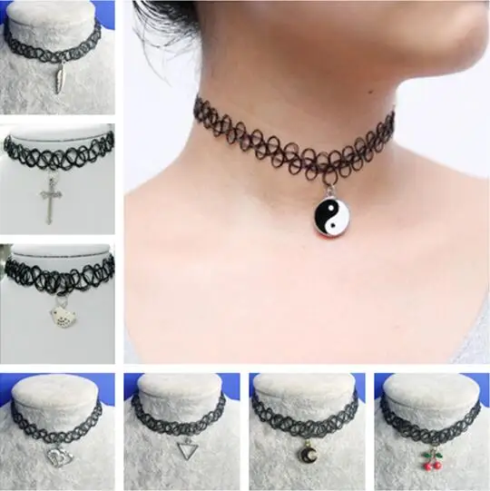 

Punk Vintage elastic Fishing line Chokers necklace triangle shape cross frame heart feather leaf cherry pendant clavicle necklac