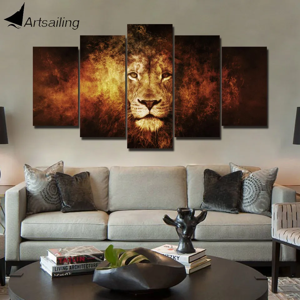 ArtSailing 5 panel wall art on canvas Burning Lion in Fire modern Home