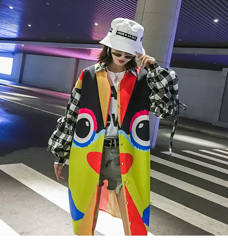 

Autumn New Fashion Cartoon Priting Long Blouse Women's High Street Hit Color Plaid Spliced Shirt Dress Plus Size Thin Cardigan