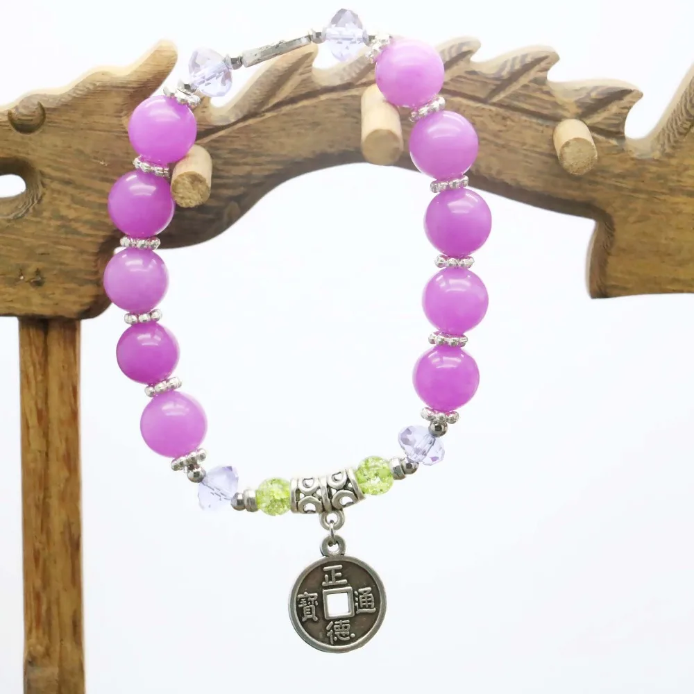 

Retro Purple Violet Chalcedony Crystal beads natural stones Bracelet hand chain for women girls Ancient coin Pendant Design