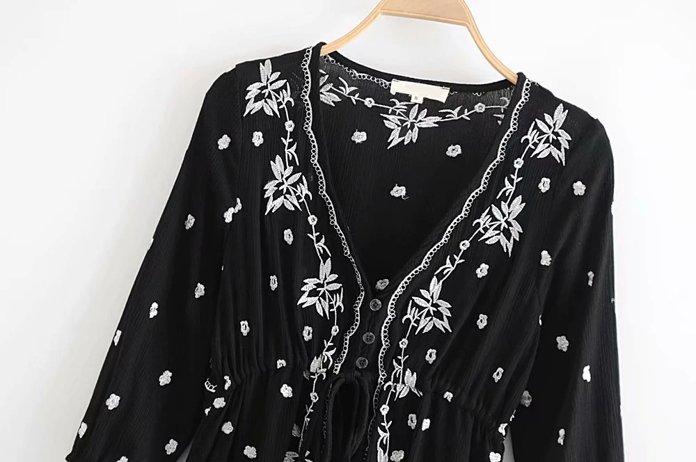 Boho Летнее платье женское винтажное этническое платье с цветочной вышивкой на завязках с высокой талией женское Повседневное платье средней длины с v-образным вырезом А-силуэта
