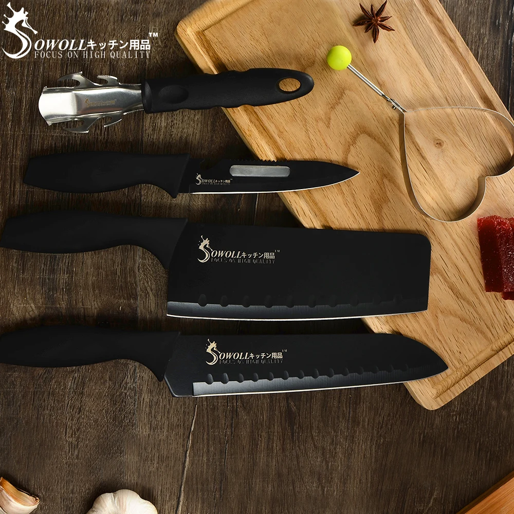 Sowoll Нержавеющая сталь разделочная Nakiri Santoku Многофункциональный кухонный нож мульти-функциональное блюдо зажим с завязкой сзади; пресс-форм Кухня 5 шт./компл