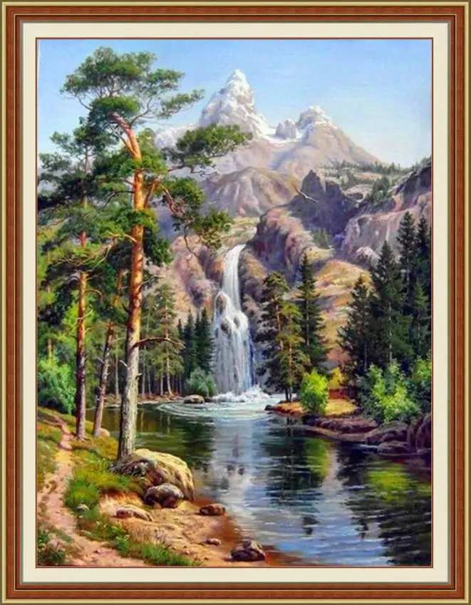 

Needlework, DIY DMC 14CT unprinted Cross stitch Kit,Waterfall Landscape Tree Mountain Pattern Embroidery Cross-stitch Home Decor