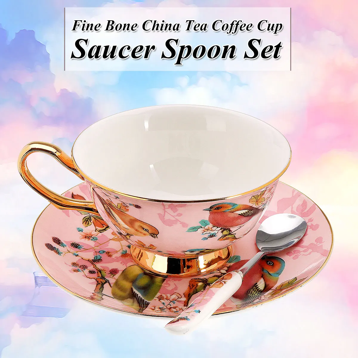

English Tea Set Coffee Set Royal Style Pink Bird Bone China Porcelain Mug For Afternoon Tea Cup with Spoon and Saucer