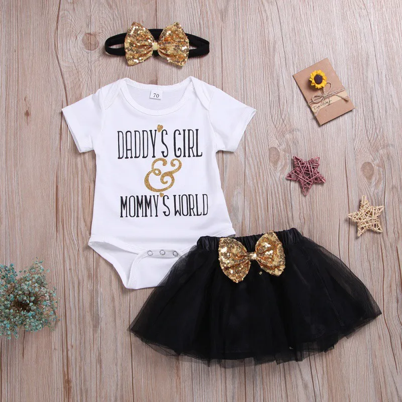 

2Pcs/Set Summer Baby Girl Casual Short Sleeve Letter Print Romper Tops Mesh Skirt With Headband Outfits Set