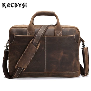 

100% Real Crazy Horse Cowhide Retro Mens Business Briefcase Bag Handmade Laptop Bag Natural Cowskin Leather Handbag Shoulder Bag