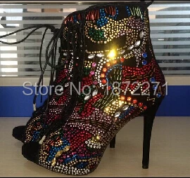 

2018 Multi-color Crystal-Covered Open-Toe Ankle Boots Bling Bling Gorgeous Lace-up Ankle Booties Winter High Heels Shoes